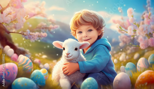 Happy little boy holding a cute white lamb in the blooming spring meadow with Easter eggs. Beautiful Paschal season background