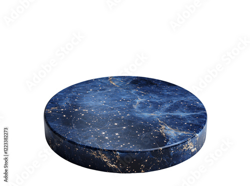 A round, dark blue platform with gold and white star-like patterns, suitable for product display, is isolated on a transparent background.