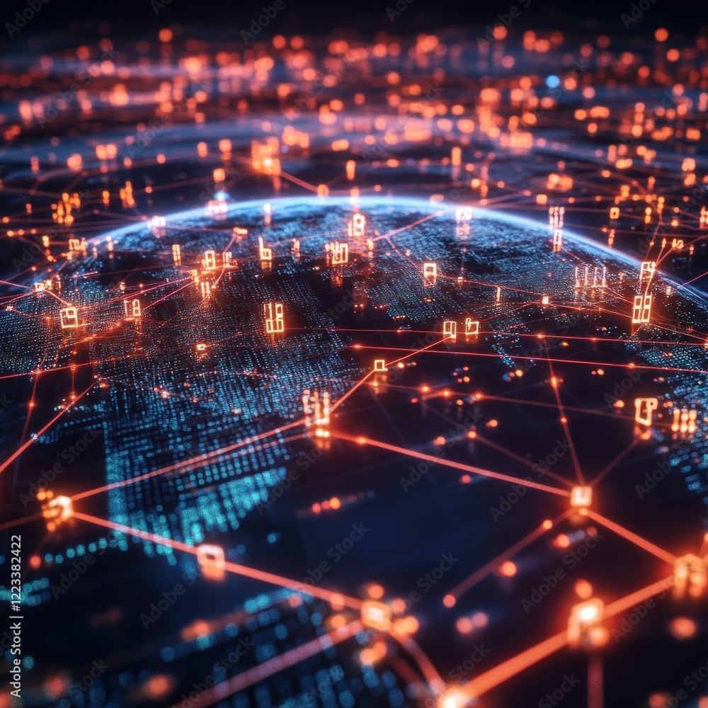 Obraz premium Global network connection, data flow, digital earth, glowing nodes, technology background, website header