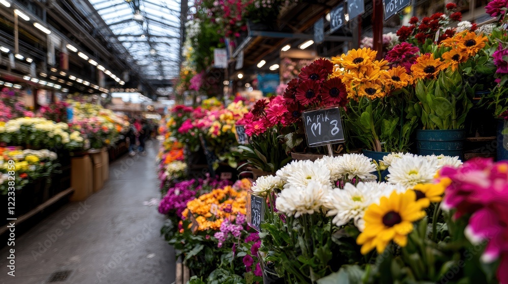 Fototapeta premium Colorful flower market, bustling atmosphere, shoppers, Paris