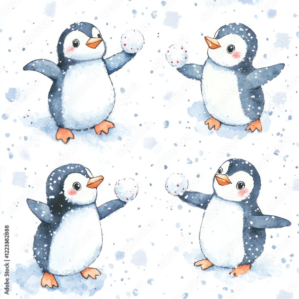 Fototapeta premium Four penguins playing snowballs winter scene