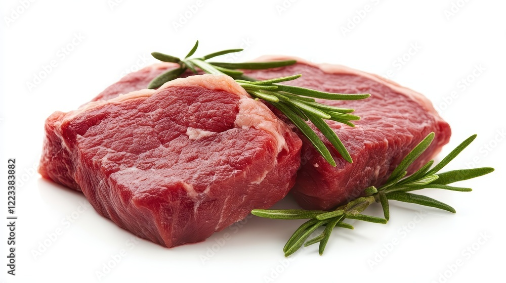 Fresh Beef Cuts with Rosemary Sprigs on White Background Fresh Beef Cuts with Rosemary Sprigs on White Background
