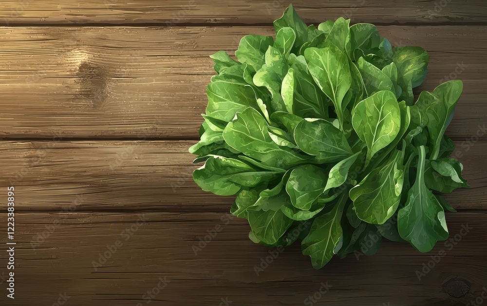 Realistic 3D icon cartoon leafy green spinach bunch, placed on a rustic wooden table with soft natural lighting Realistic 3D icon cartoon leafy green spinach bunch, placed on a rustic wooden table with soft natural lighting
