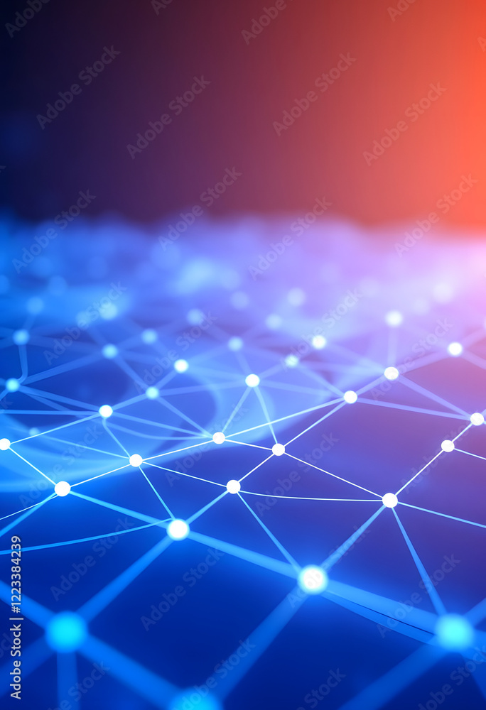 Obraz premium Blue abstract background with a network grid and particles connected., isometry, with white tones
