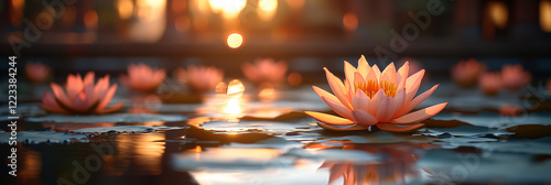 Sunlit pink water lilies blooming on a tranquil pond at sunset photo