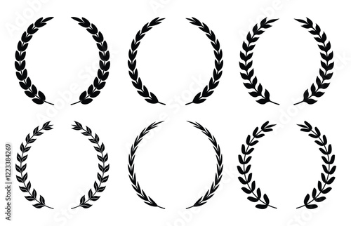 Circular laurel wreath set. Emblem floral, Greek branch of oak leaves, eucalyptus leaf, Wheat, winner award, champion and flower vector