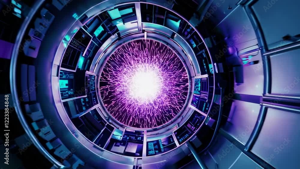A particle accelerator visualizing subatomic particles colliding in a dramatic light show A particle accelerator visualizing subatomic particles colliding in a dramatic light show