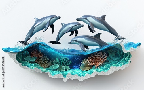 Wallpaper Mural Realistic 3D icon cartoon of a group of dolphins jumping in the water, with an undersea view of coral below Torontodigital.ca