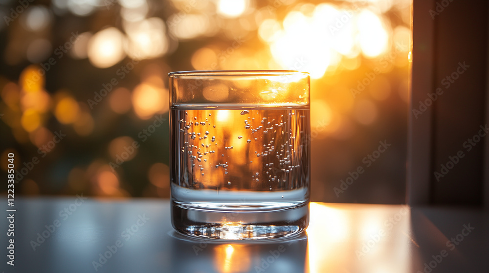 Sparkling water glass in sunset light on a table Sparkling water glass in sunset light on a table