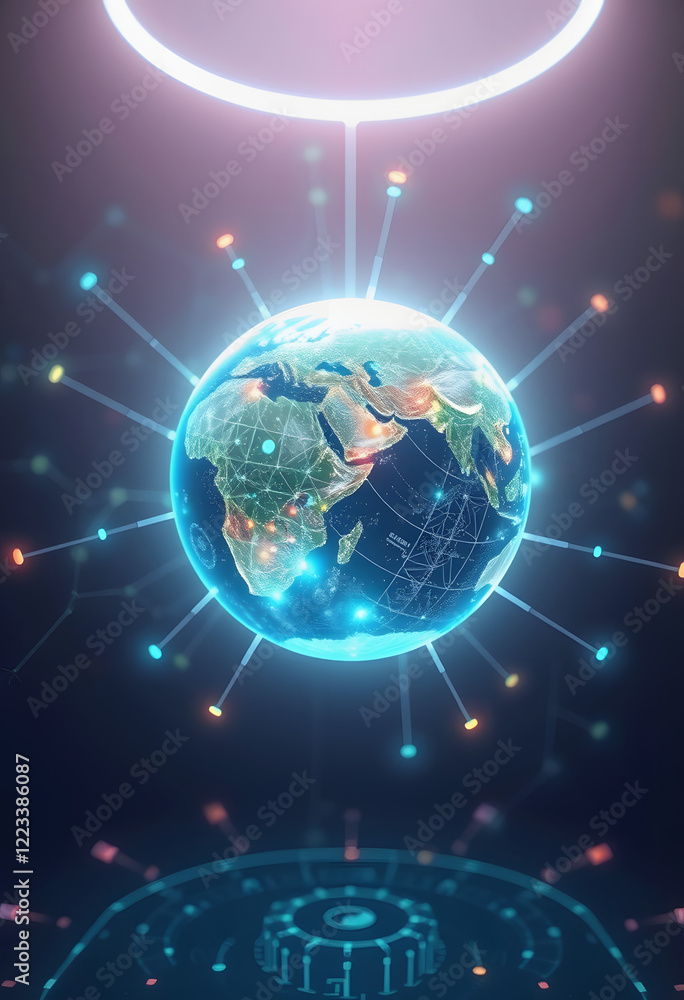 Obraz premium Flying earth network interface 3D rendering, glowing neon, with white tones