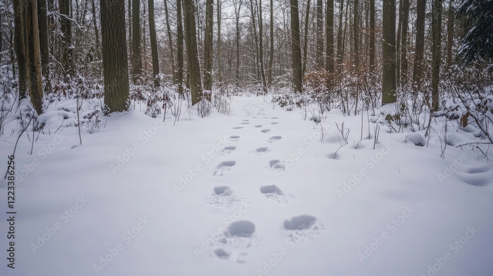 A photo of a winter forest with a group of footprints in the snow, hinting at the presence of wildlife. A photo of a winter forest with a group of footprints in the snow, hinting at the presence of wildlife.