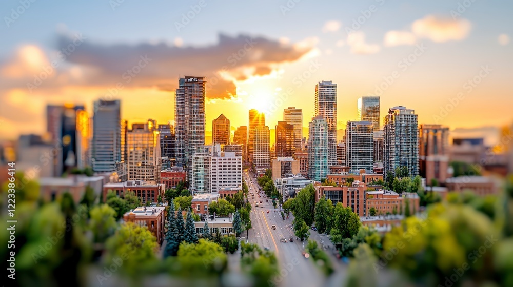 Fototapeta premium Golden Hour Cityscape: A Miniature Urban Paradise at Sunset