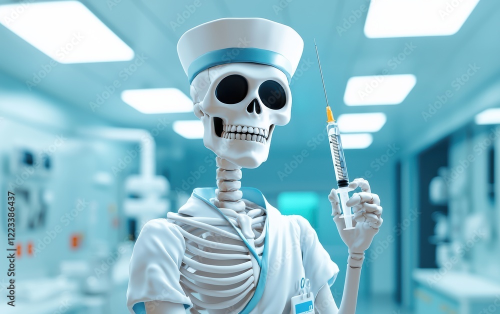 Realistic 3D icon cartoon of a skeleton dressed as a nurse, holding a syringe, on a clean and bright hospital background