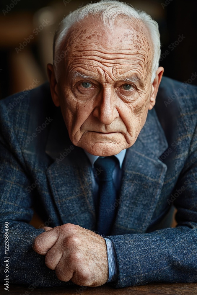 Elderly Man with Serious Expression in Formal Suit Sitting at a Table Elderly Man with Serious Expression in Formal Suit Sitting at a Table