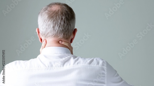 Man with neck pain, back view, office background, healthcare