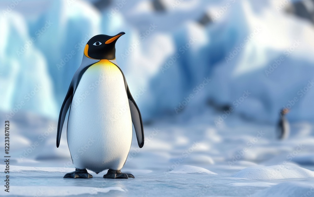 Naklejka premium Realistic 3D icon cartoon penguin standing on icy terrain with a backdrop of glaciers