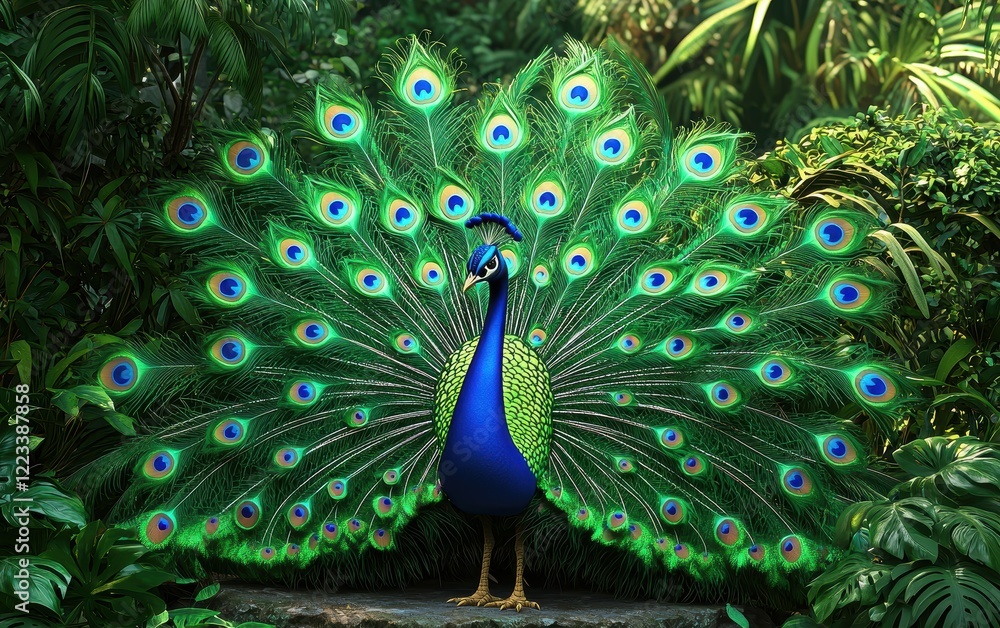 Obraz premium Realistic 3D icon cartoon peacock displaying its feathers in a tropical garden