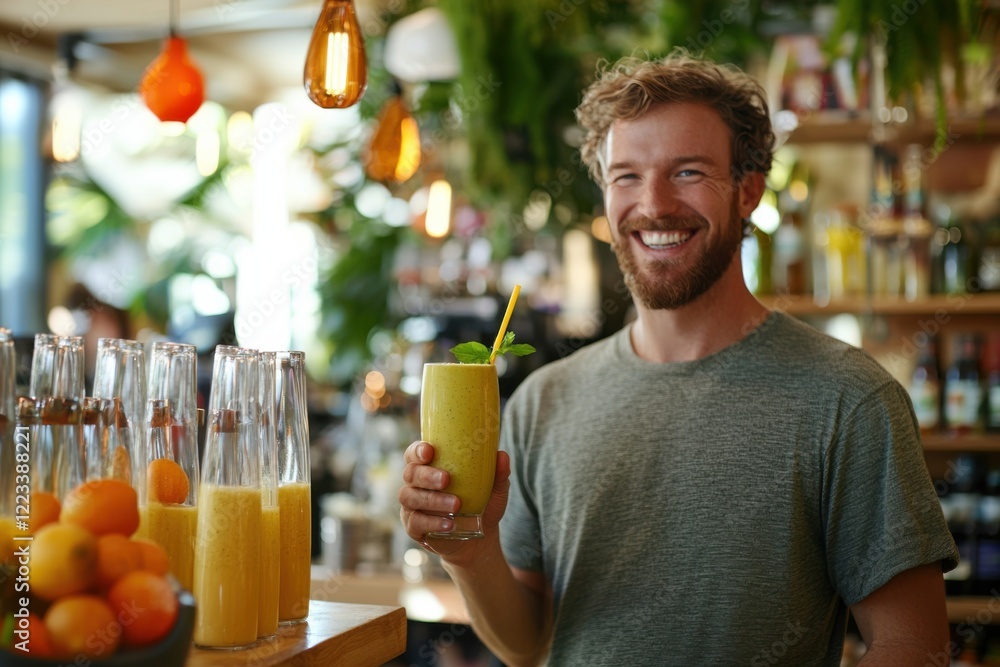 Fototapeta premium A cheerful man holds a refreshing drink in a vibrant cafe filled with fruits and greenery, showcasing a lively atmosphere.