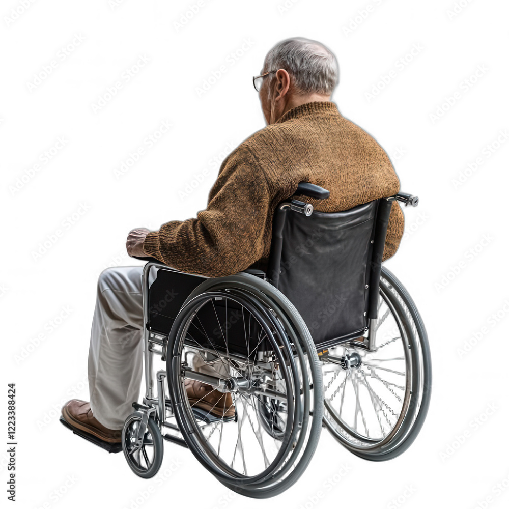 Rear view of a senior man seated in a wheelchair isolated on a white or transparent background. Rear view of a senior man seated in a wheelchair isolated on a white or transparent background.