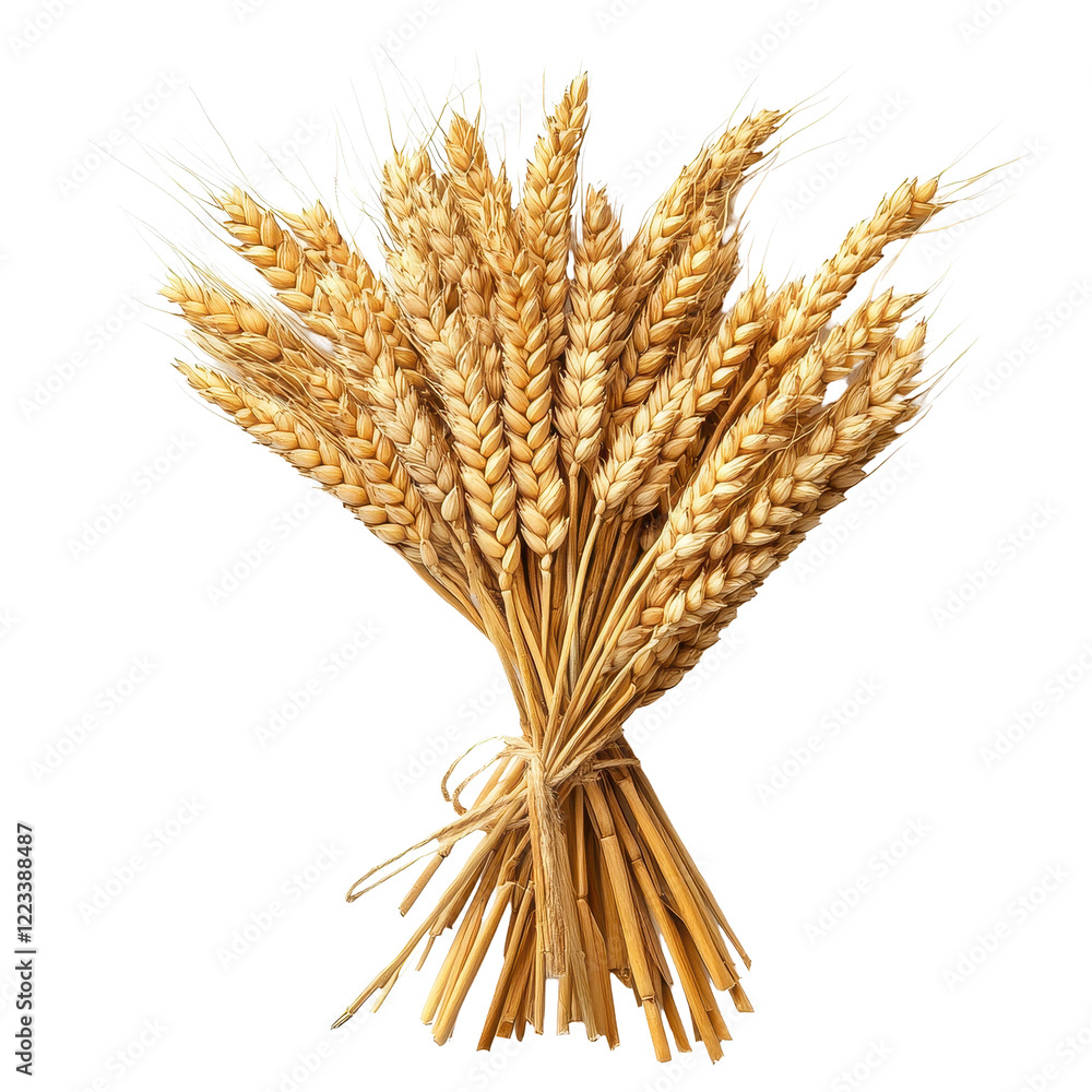 Fototapeta premium Bunch of wheat ears isolated on a white background showcasing the beauty of agricultural harvest, Bunch wheat ears isolated on white background