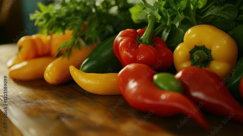 Assorted fresh vegetables: bell peppers, carrots, and leafy greens on wooden surface Assorted fresh vegetables: bell peppers, carrots, and leafy greens on wooden surface