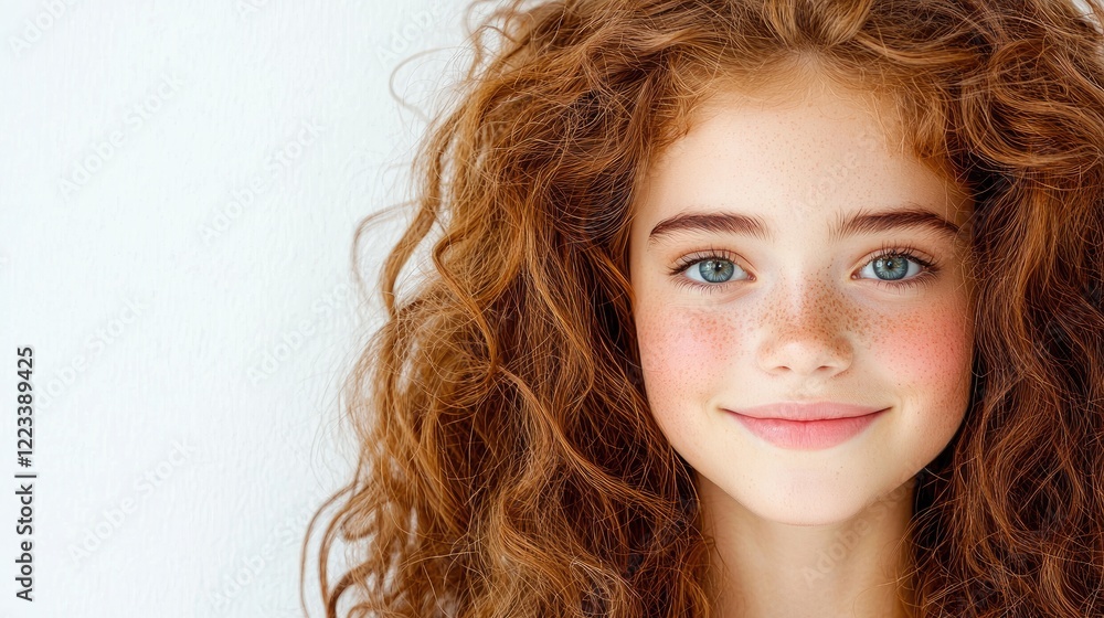Girl with curly red hair smiles, white background, beauty portrait, for advertising Girl with curly red hair smiles, white background, beauty portrait, for advertising