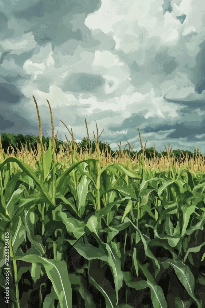 Fototapeta premium Storm approaching over realistic green and gray cornfield scene
