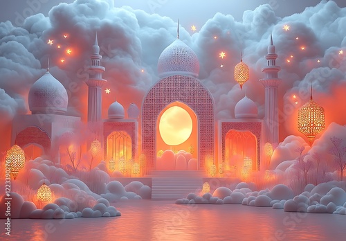 Ethereal Palace Among Clouds with Lanterns and a Warm Glowing Sky

