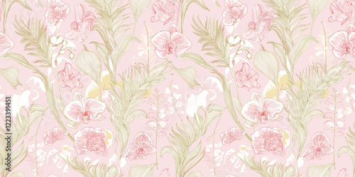 hand-drawn botanical design featuring delicate flowers, leaves, and ferns in soft pastel tones on a neutral background, perfect for various artistic and decorative uses.