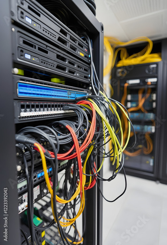 There is a rack with network equipment in the server room. There are a lot of messy wires on the server patch panel, professional photography, with white tones