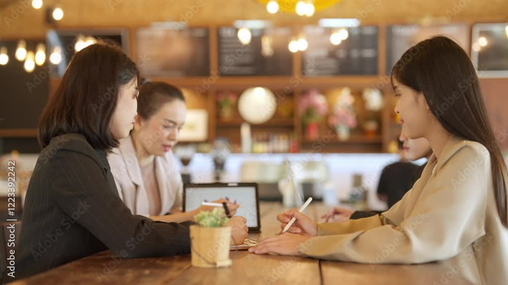 Three women are sitting at a table in a cafe, working on a project. They are using laptops and writing on notepads. The atmosphere is focused and professional Three women are sitting at a table in a cafe, working on a project. They are using laptops and writing on notepads. The atmosphere is focused and professional