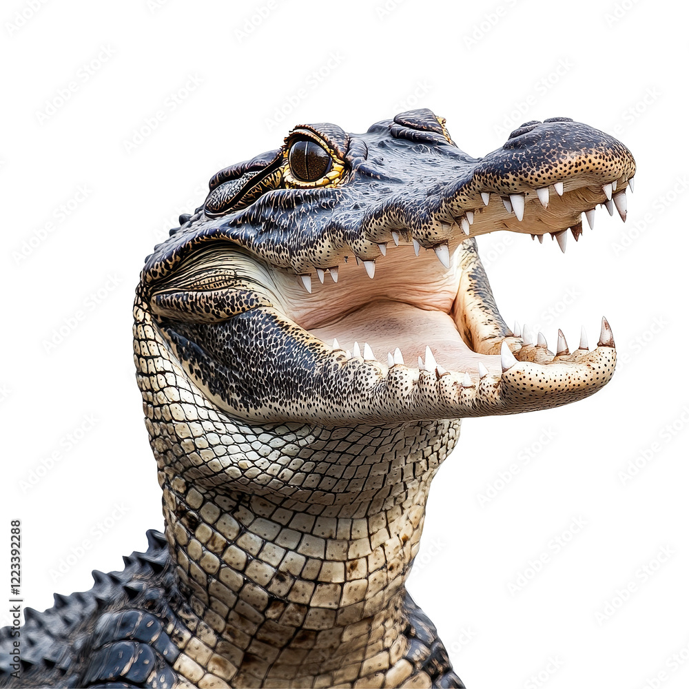 Obraz premium Crocodile with open mouth showcasing sharp teeth isolated on Transparent background, Crocodile portrait with open mouth isolated on PNG background