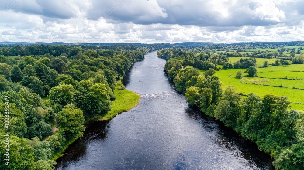 Aerial view of river flowing through lush green landscape Aerial view of river flowing through lush green landscape