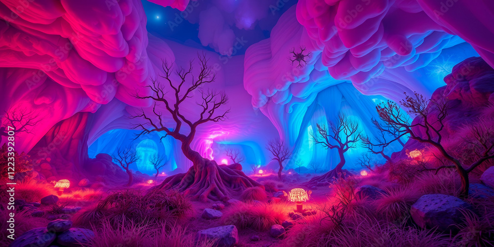 A colorful, surreal landscape with a tree in the foreground. The sky is filled with clouds and the trees are illuminated by lights. Scene is dreamy and whimsical A colorful, surreal landscape with a tree in the foreground. The sky is filled with clouds and the trees are illuminated by lights. Scene is dreamy and whimsical