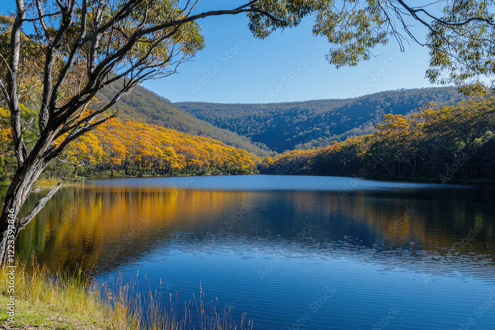 Beautiful Scenic Lake Surrounded by Autumn Trees and Lush Green Hills
