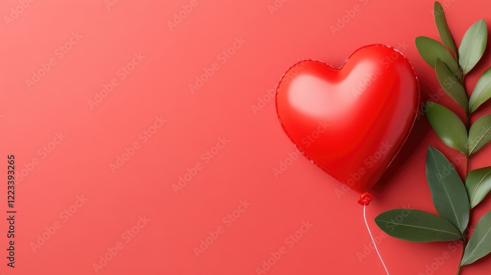 Decorative Red Heart Balloon With Lush Green Leaves. Decorative Red Heart Balloon With Lush Green Leaves.