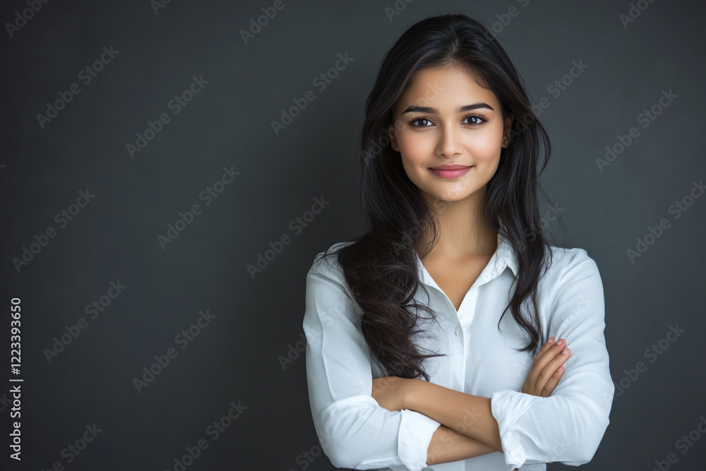 A professional studio portrait of an attractive young woman in business casual attire A professional studio portrait of an attractive young woman in business casual attire