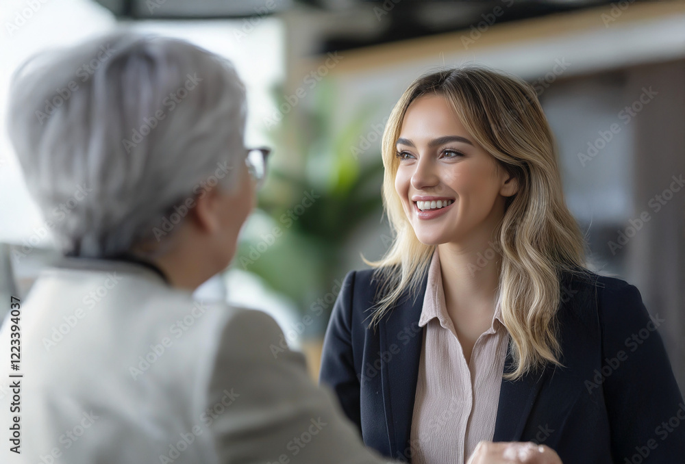 A businesswoman having a pleasant conversation with an older colleague A businesswoman having a pleasant conversation with an older colleague