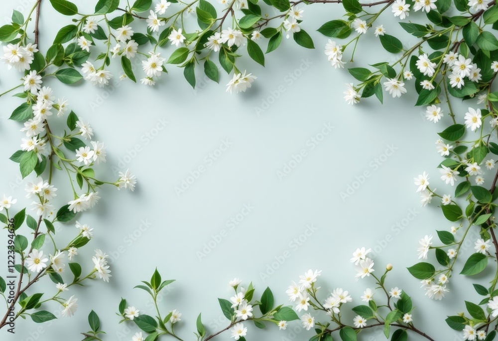 Naklejka premium Floral border with white daisies and green leaves on light blue background. Decorative frame for wedding, spring, nature concept. Elegant botanical design for invitations, cards, banners with copy spa
