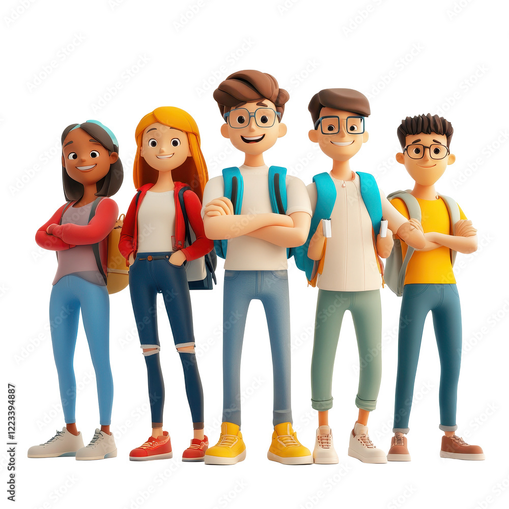 Fototapeta premium Group of cartoon students with backpacks standing together on a bright white background, Group 3D cartoon student on white background