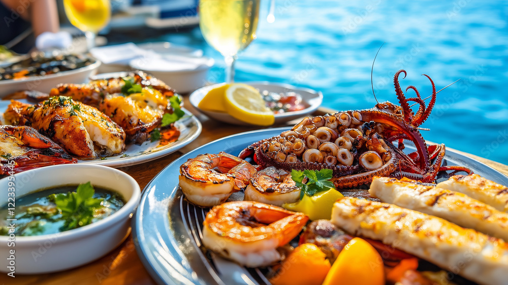 Gourmet seafood platter with a scenic ocean view in the background. Gourmet seafood platter with a scenic ocean view in the background.