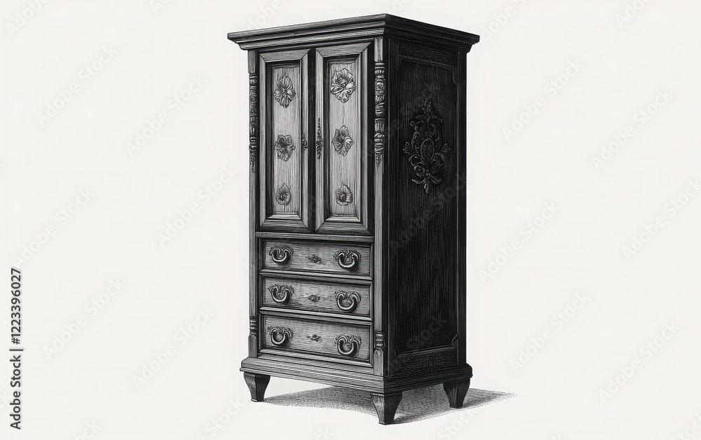 Fototapeta premium A monochrome vector illustration of a tall wooden cabinet with multiple drawers and intricate floral ornaments
