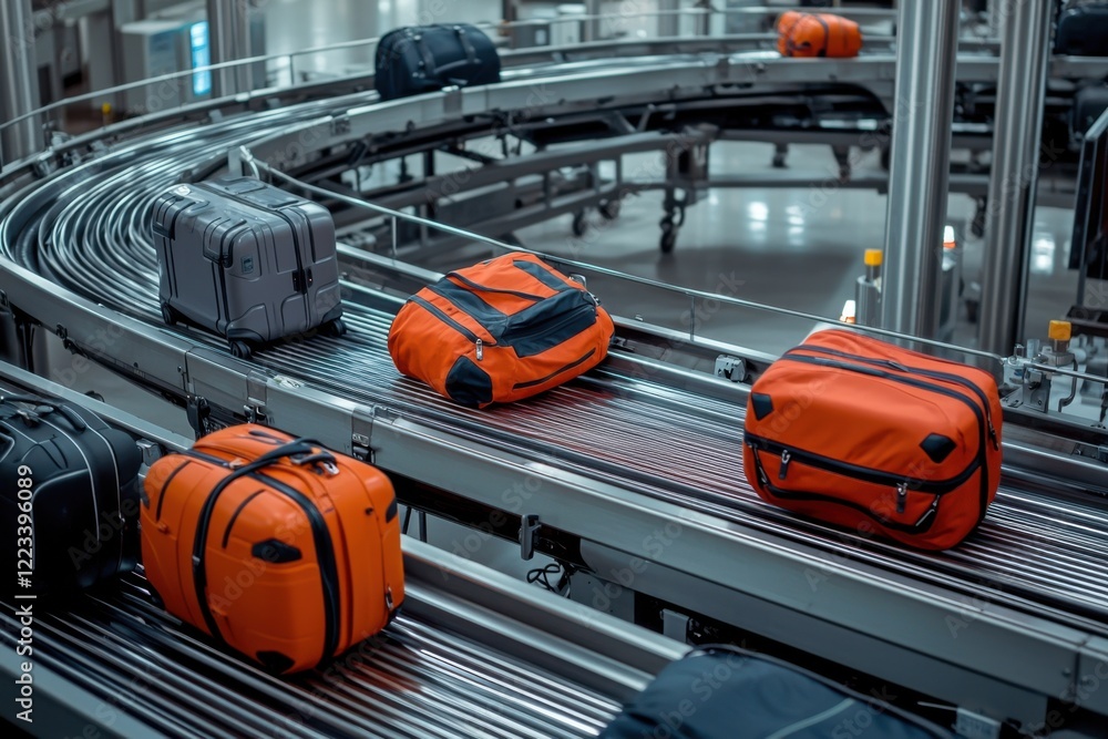 A conveyor belt transports various luggage, including bright orange and black bags, in a modern airport setting. A conveyor belt transports various luggage, including bright orange and black bags, in a modern airport setting.