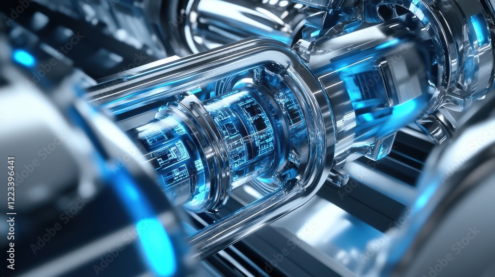 A close-up view of a futuristic, metallic component featuring intricate designs and glowing blue accents, showcasing advanced technology.