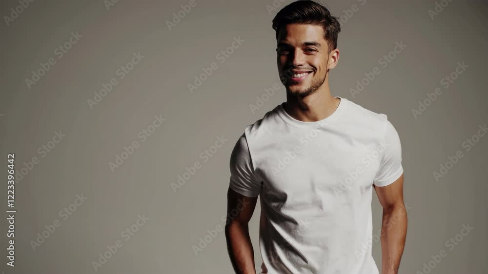 stylish young man wearing a white t-shirt and beige pants, posing confidently against a neutral background stylish young man wearing a white t-shirt and beige pants, posing confidently against a neutral background