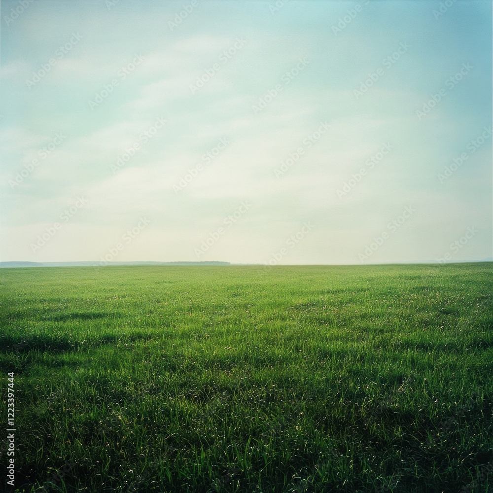 Obraz premium Vast green field under a blue sky during the early hours of the morning at a serene rural location. Generative AI
