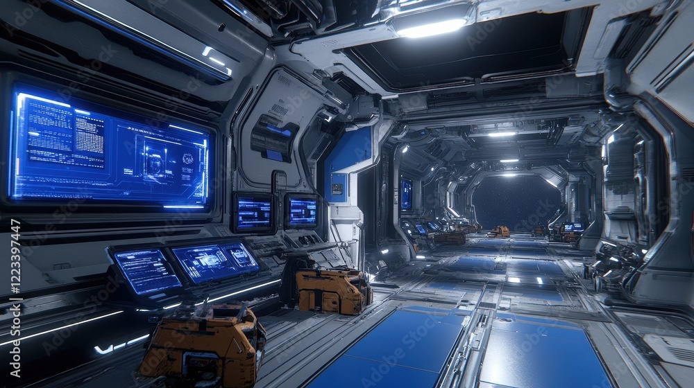 Fototapeta premium A futuristic, high-tech corridor featuring screens and control panels, illuminated with blue lights, suggesting an advanced spacecraft environment.