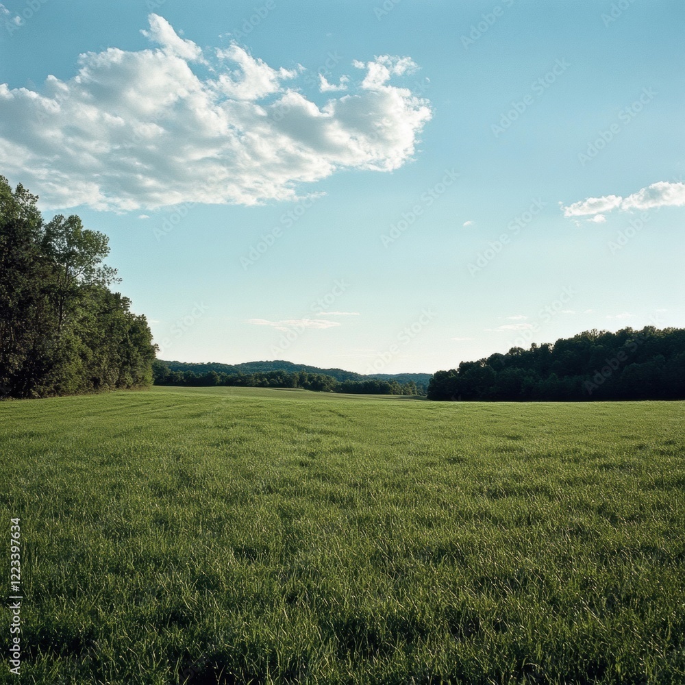 Fototapeta premium Expansive green field under a clear blue sky with fluffy clouds during a sunny afternoon near wooded hills. Generative AI