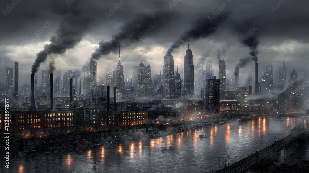 Fototapeta premium Industrial Cityscape Under a Smoky Dark Sky
