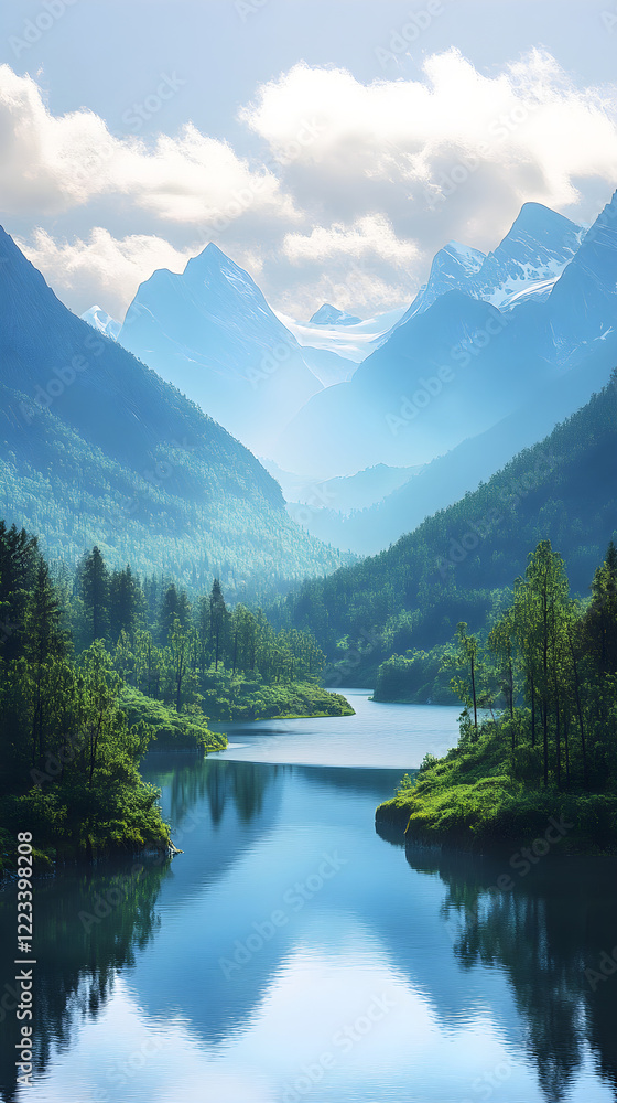 Fototapeta premium Serene Landscape with Winding River, Snowy Mountains, and Lush Greenery Captured